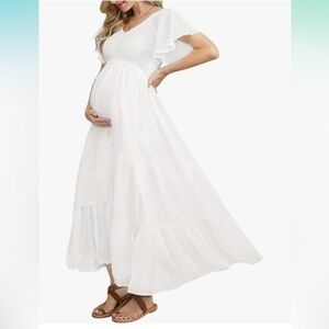 Smocked Maternity Dress Baby Shower V Neck Sleeve Empire Waist Tiered Boho White